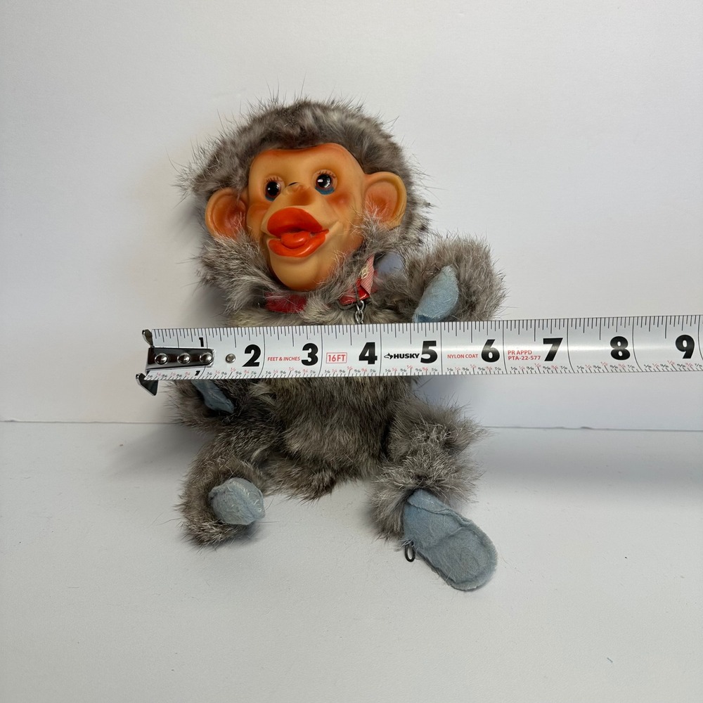Vintage Monkey Plush Toy Small Gray Real Fur Rubber Face MCM Kitsch Collectible - Picture 3 of 8